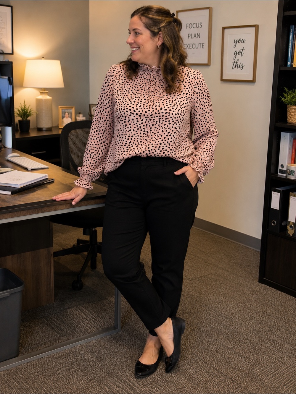 Women’s Blush Pink Black Spotted Blouse | Ruffle Mock Neck Long Sleeve Top